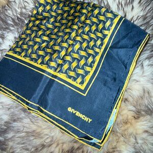 Vintage Givenchy Silk Scarf | Navy & Gold Geometric Pattern | Hand Rolled Italy‎